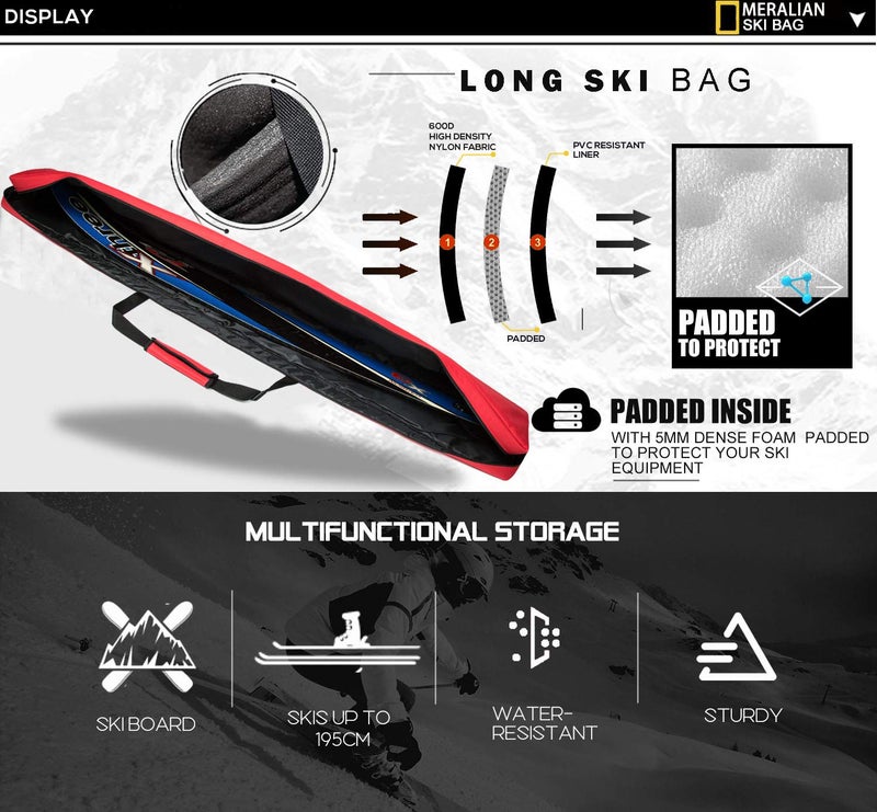 MERALIAN Padded Ski Bag Waterproof Full Padded Single Ski Travel Bag with Adjustable Shoulder Strap. (RED  170CM) - Image 4
